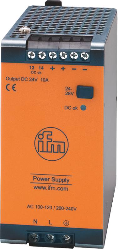 Egy narancssárga tápegység az 'ifm' gyártótól, 'Power Supply' modell, 24-28V DC, LED-kijelzők a 24V kimenethez és a DC-státuszhoz.