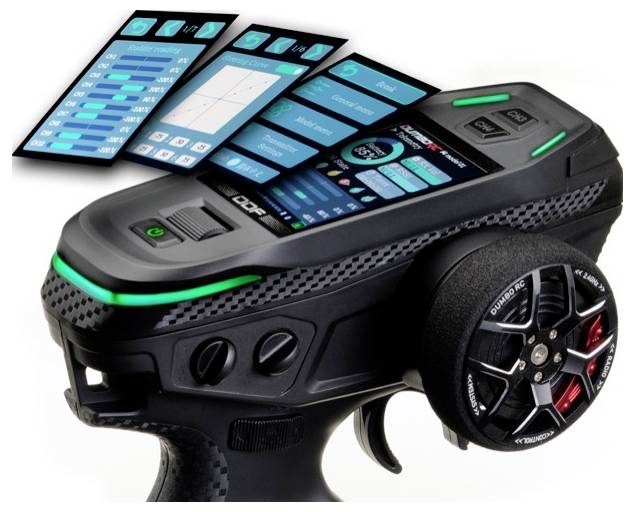 Távirányító kijelzővel és érintőképernyővel, több menüt mutat kék és fekete árnyalatokban. A vezérlő kerék jobbra van elhelyezve.