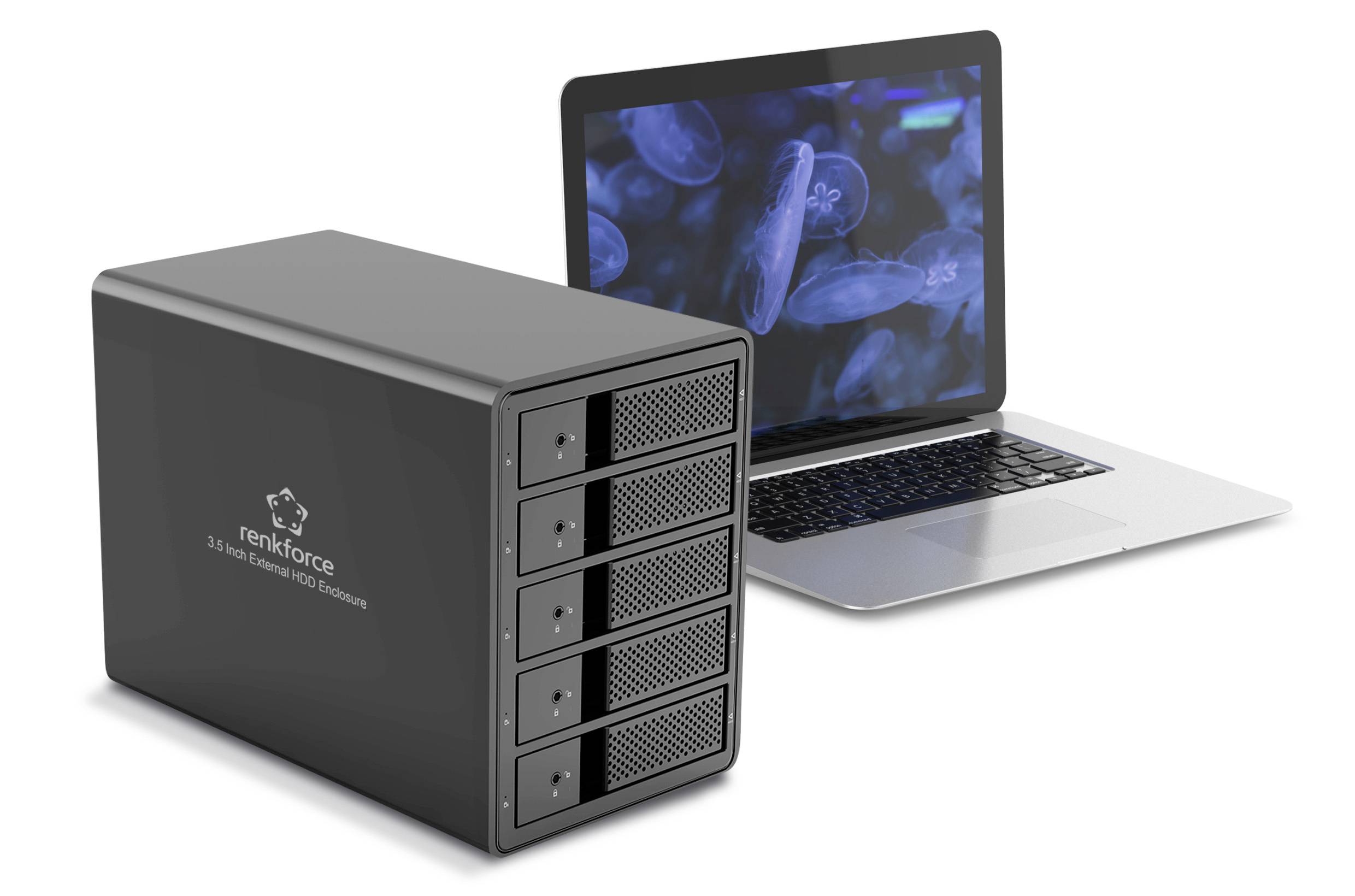 Külső tárhelytorony hat bővítőhellyel egy nyitott laptop mellett, amelynek képernyője látható. A torony a 'renkforce' logóval van ellátva.