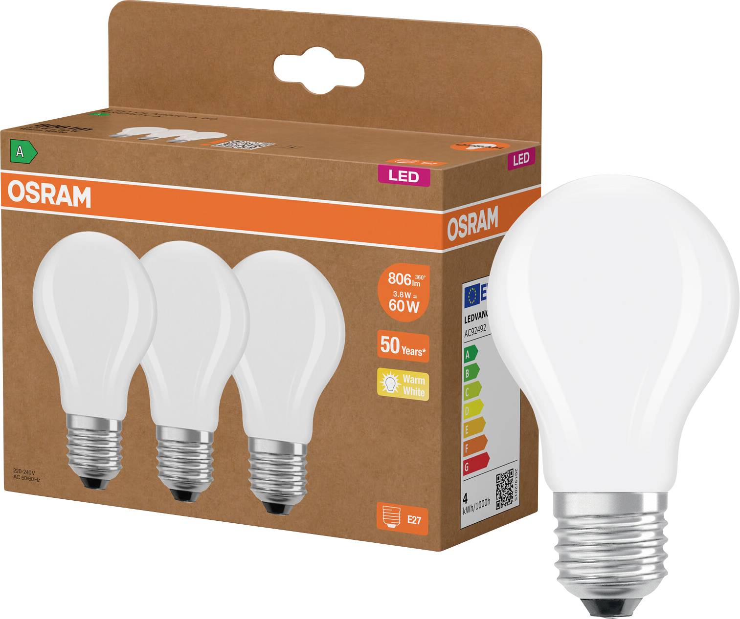 OSRAM LED izzólámpa csomag egy izzóval a doboz mellett, 806 lumen, 8,3W, 60W-nak megfelelő, meleg fehér, E27.