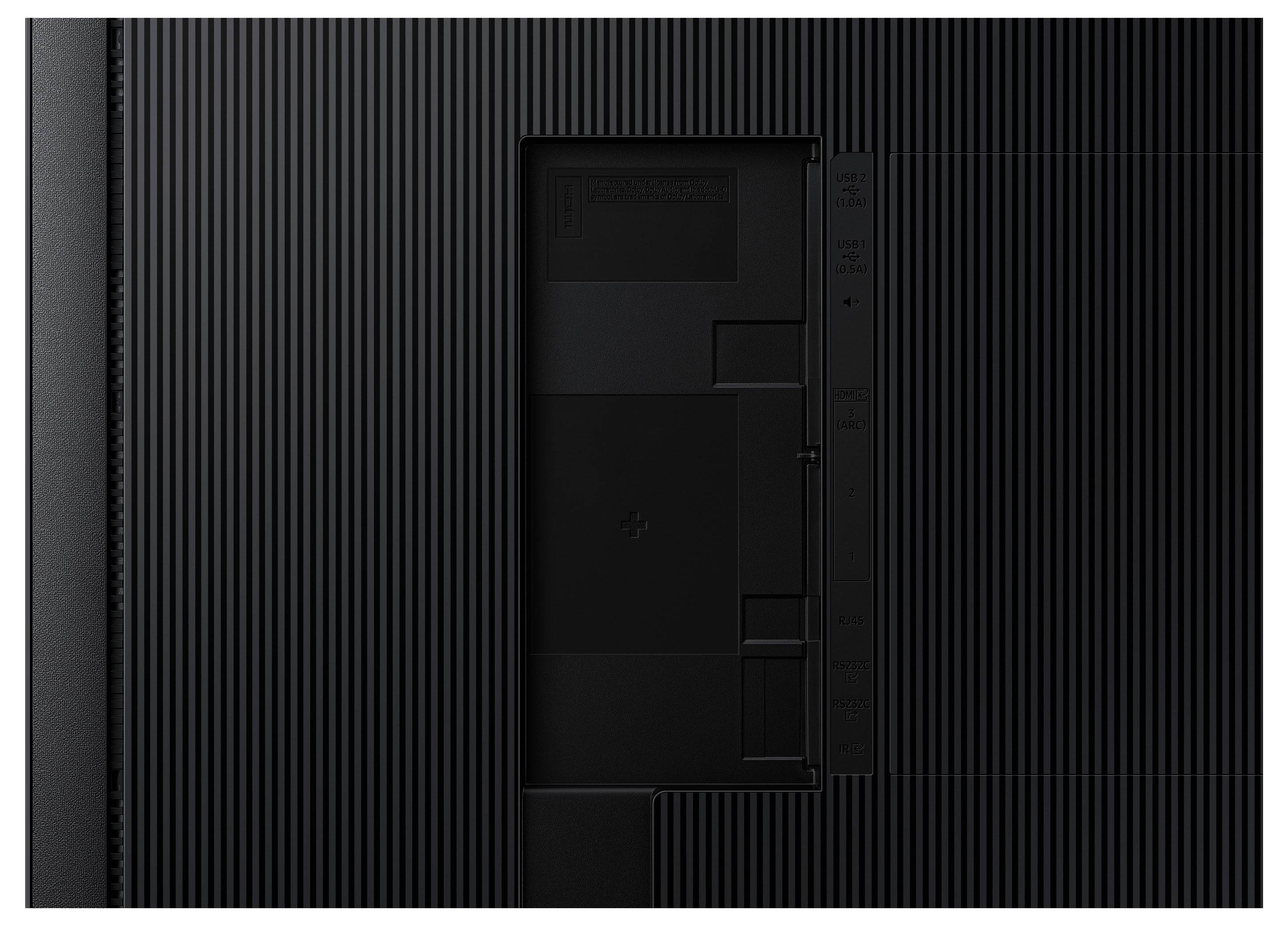 Egy televízió hátoldala bordázott dizájnnal, fekete felületen látható áram-, HDMI- és USB-csatlakozókkal.