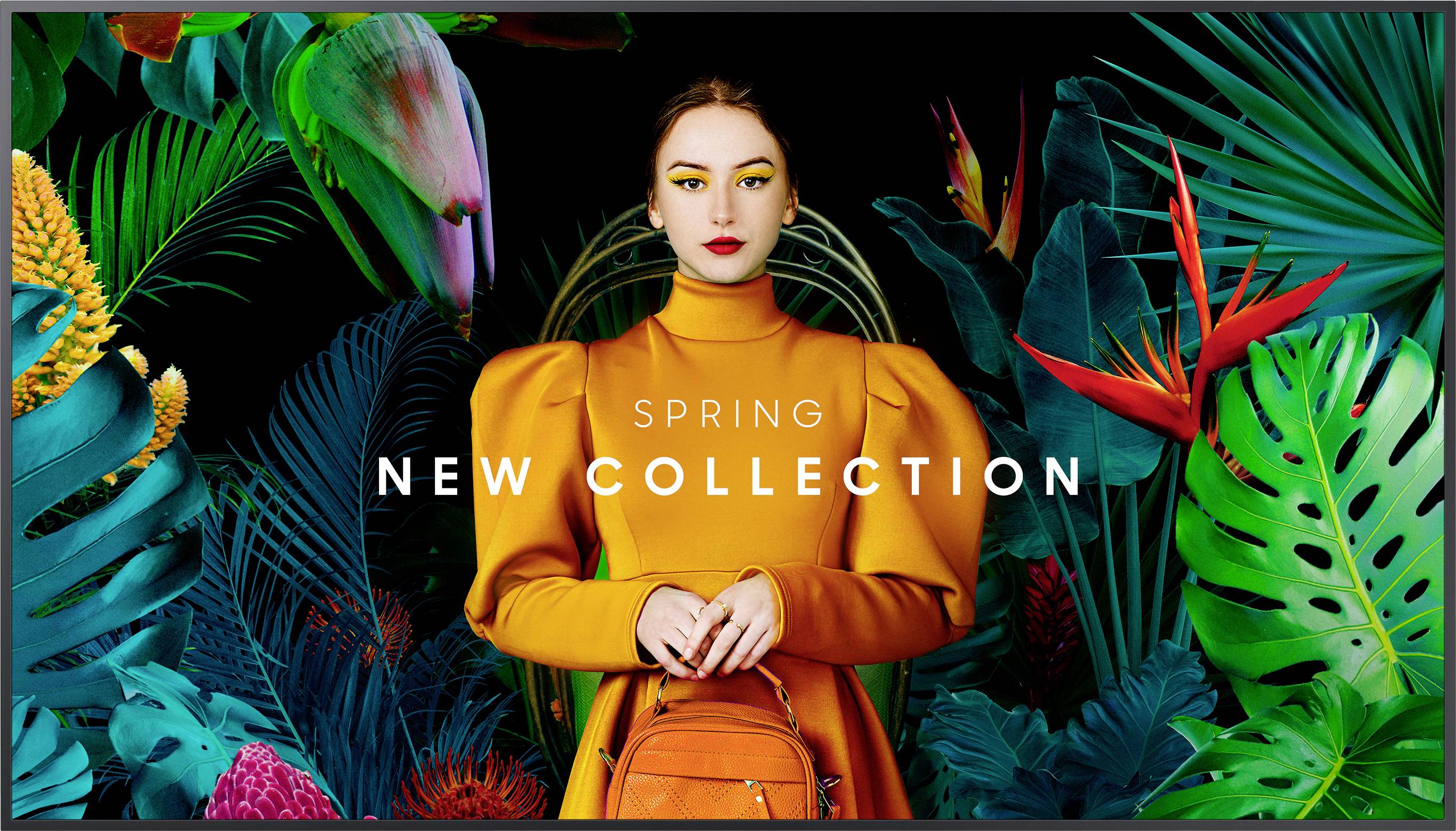 A 'Tavaszi kollekció' felirat egy trópusi növényzet előtt álló, élénk narancssárga ruhát viselő nő fölött.