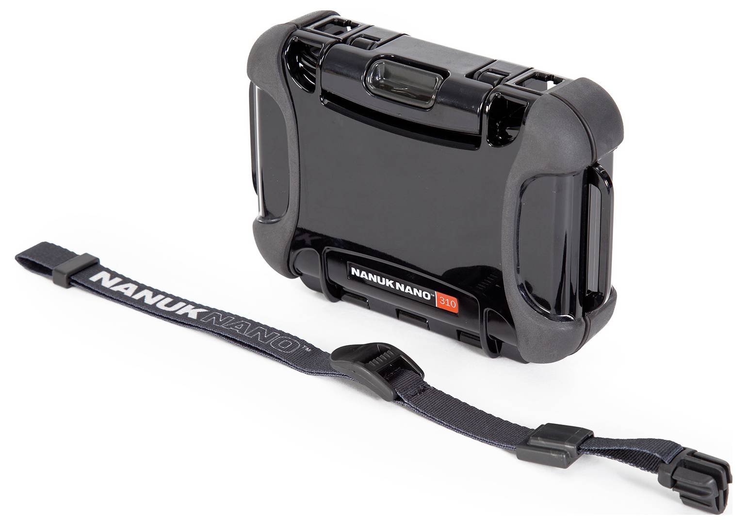 Fekete Nanuk Nano 310 szabadtéri tok levehető csuklópánttal, robusztus kialakítás kis tárgyak védelmére és szállítására.