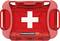 Piros elsősegély doboz fehér kereszttel a közepén, körülvéve piros fogantyúkkal.