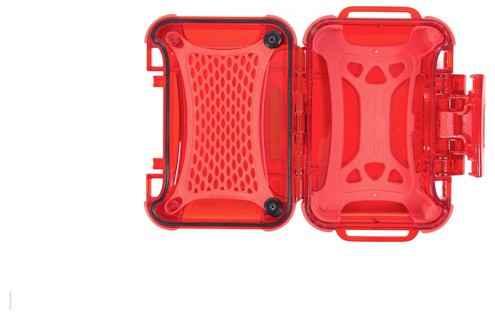 Piros, kinyitott bőrönd strukturált belső rekesszel és masszív zárrendszerrel, alkalmas kisméretű tárgyak biztonságos tárolására.