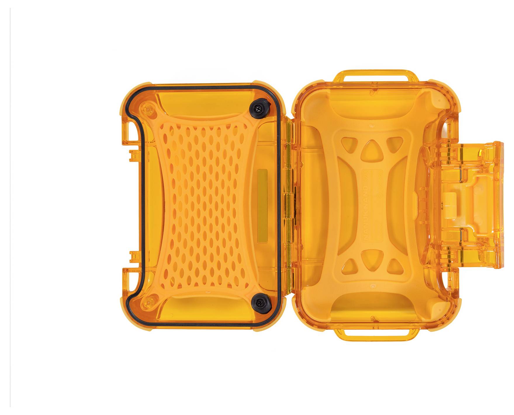 Egy nyitott, narancssárga színű kemény táska, robusztus kialakítással, amely védelmet nyújt érzékeny eszközök vagy szerszámok számára a párnázott belső felületnek köszönhetően.