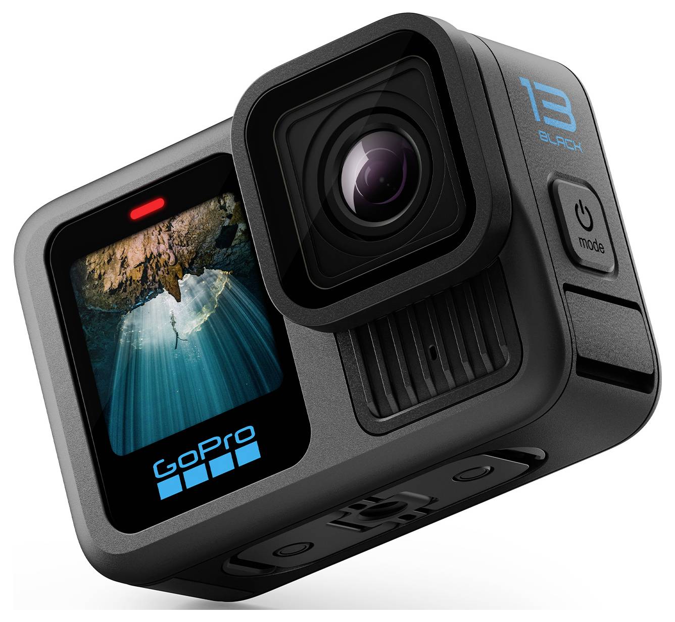 Egy fekete GoPro-kamera két kijelzővel. Az első kijelzőn egy búvár és barlang témájú kép látható.