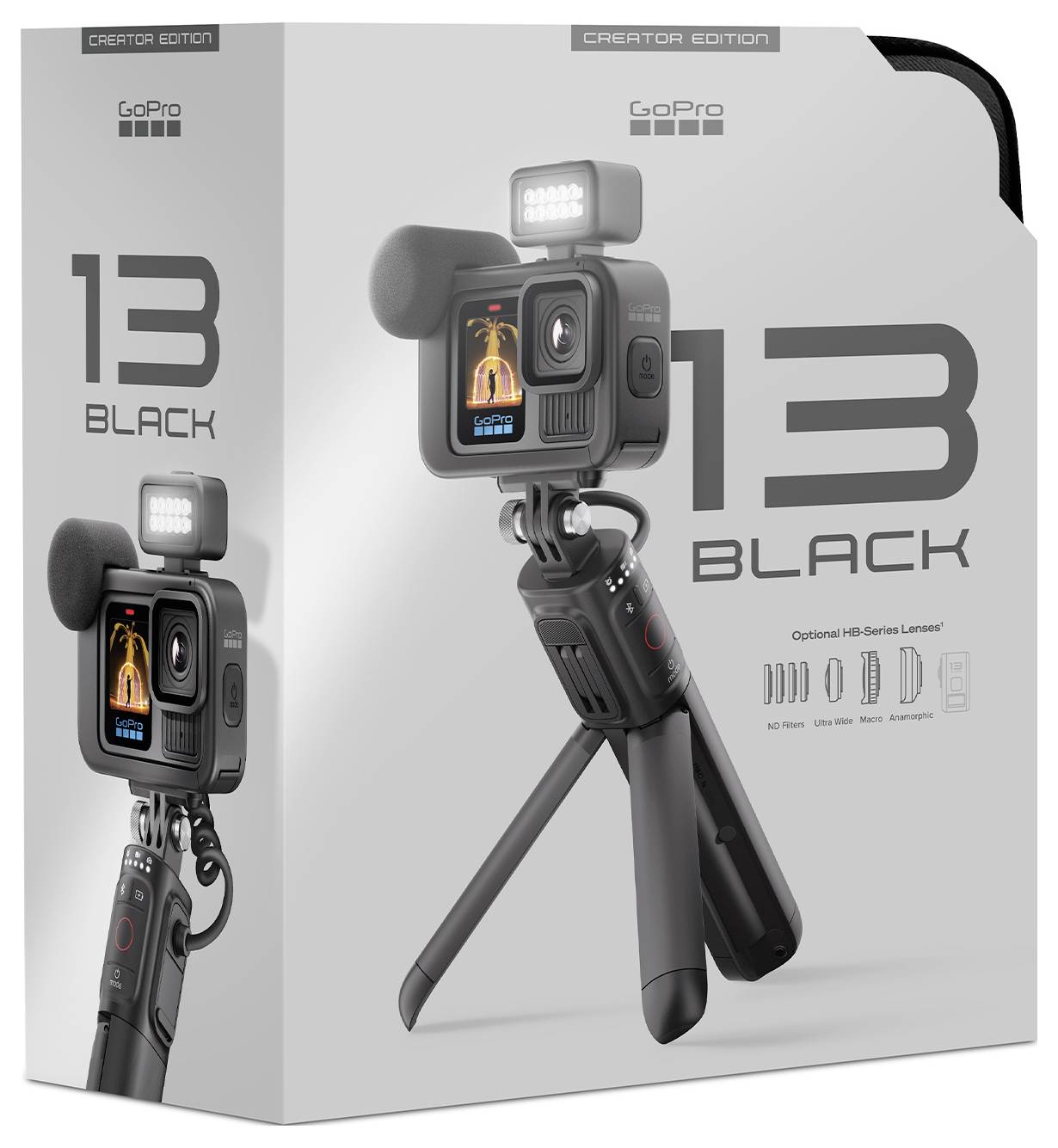 A 'GoPro 13 Black Creator Edition' csomag. Tartalmazza a kamerát tartozékokkal: mikrofon, LED-lámpa, állványmarkolat. Kreatív videófelvételekhez.