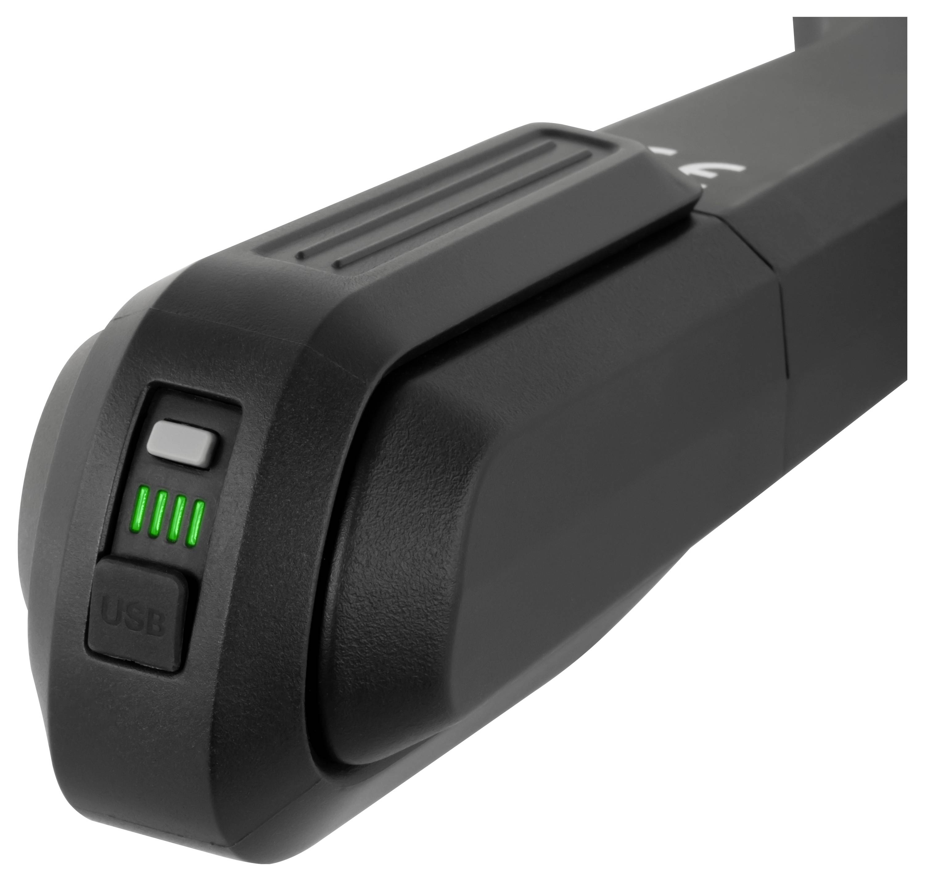 Fekete USB eszköz egy gombbal és négy zöld LED akkumulátor-indikátor a végén, közelről megjelenítve.
