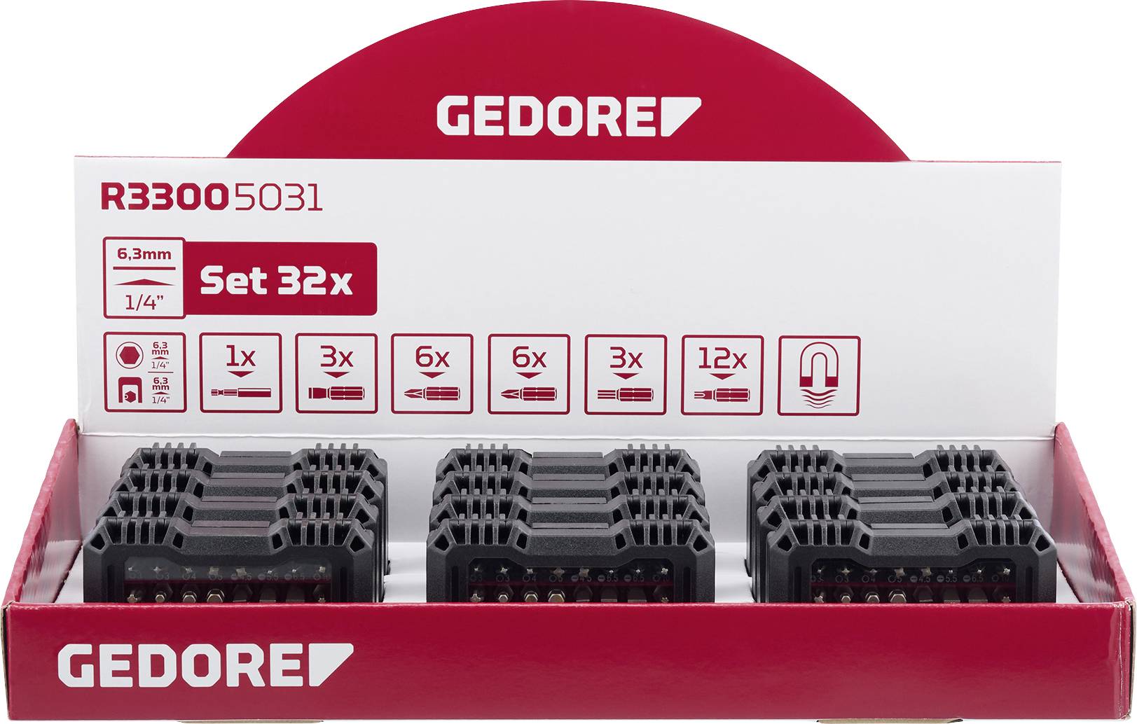 GEDORE dugókulcs-készlet 'R33005031' 32 darabos, kiállítóeszközön bemutatva. Különböző méreteket tartalmaz, kompakt elrendezésben.