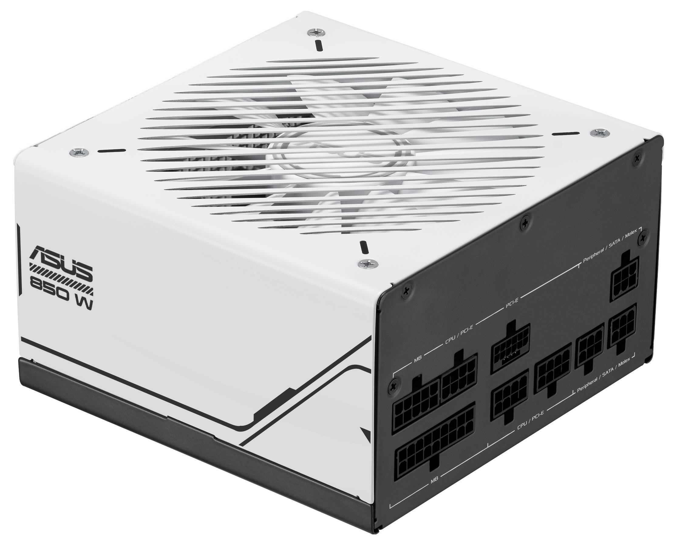 Asus tápegység 850 wattos teljesítménnyel, fehér házban és több kábel csatlakozási lehetőséggel.