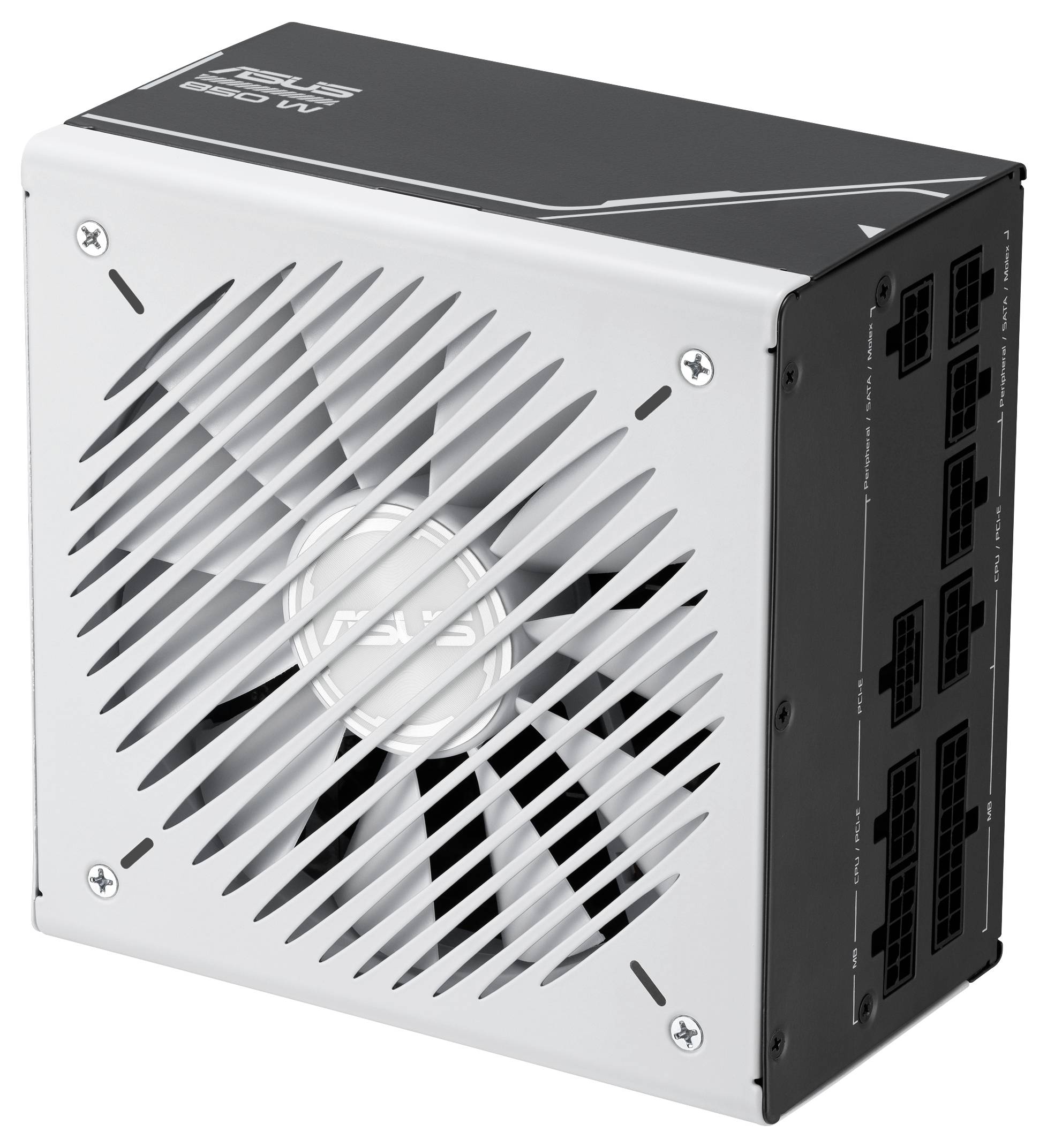 Számítógép-tápegység nagy ventilátorral a tetején. Fekete ház csatlakozókkal a jobb oldalán.