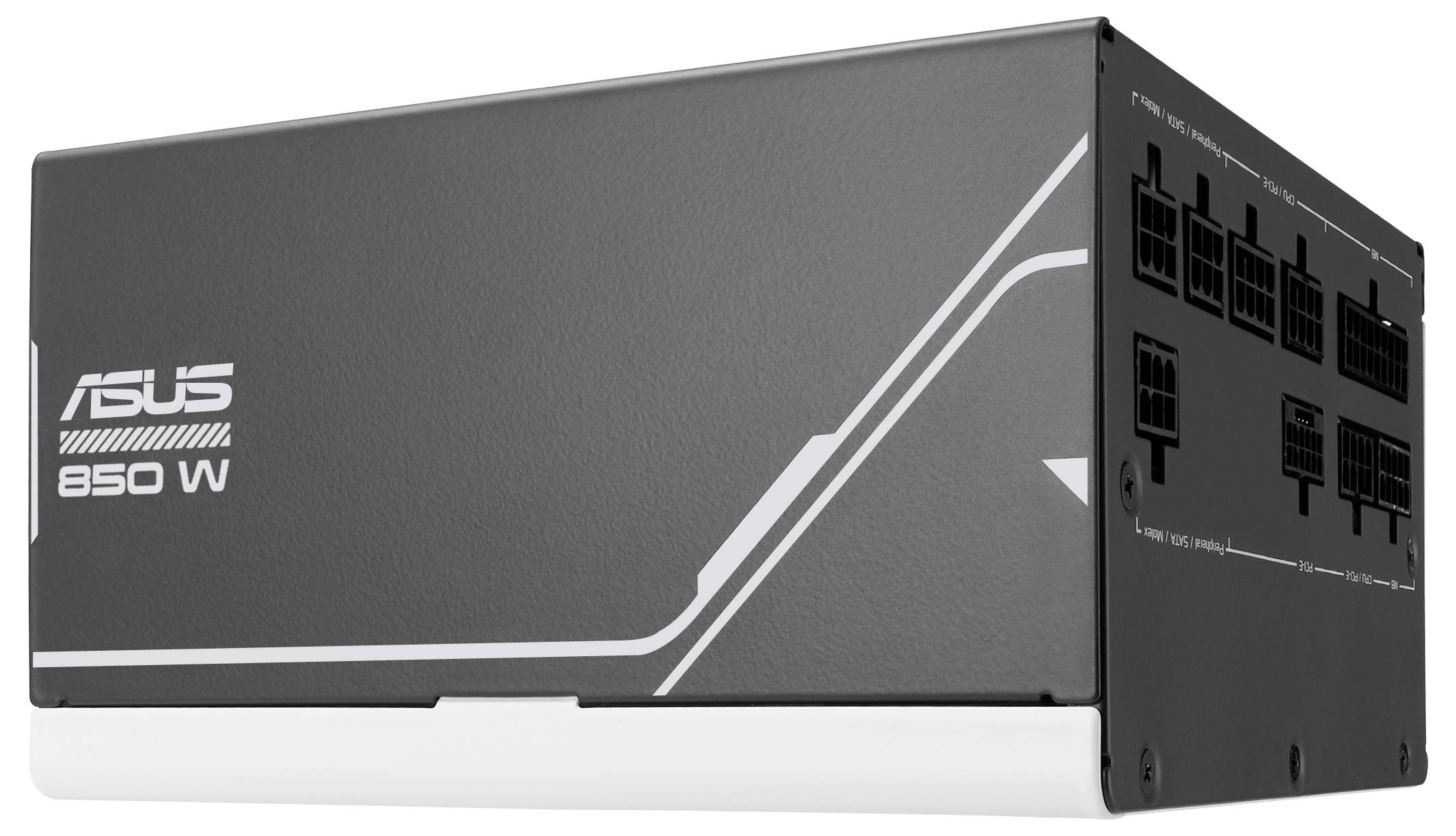 Asus tápegység 850 watt teljesítménnyel, fekete ház fehér részletekkel, több csatlakozóval a jobb oldalán.
