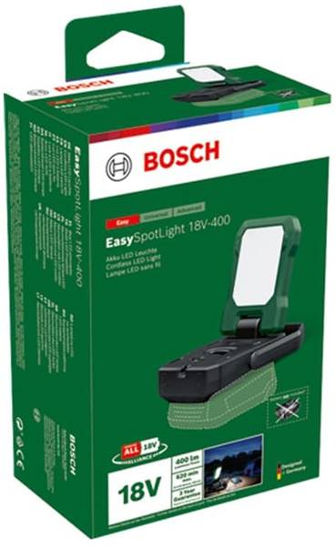 Bosch EasySpotLight 18V-400 vezeték nélküli munkalámpa zöld kiskereskedelmi csomagolásban, amely a lámpát és az 18V akkumulátor platform márkajelzését mutatja.