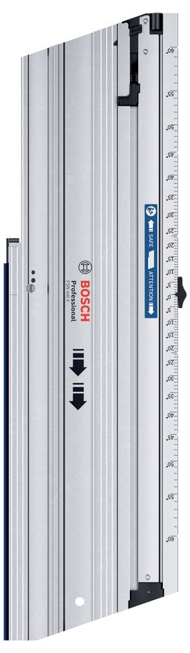 Bosch precíziós vágóvezető sín, ezüst dizájnnal, skálával, márkalogóval és irányjelző nyilakkal a felületén.