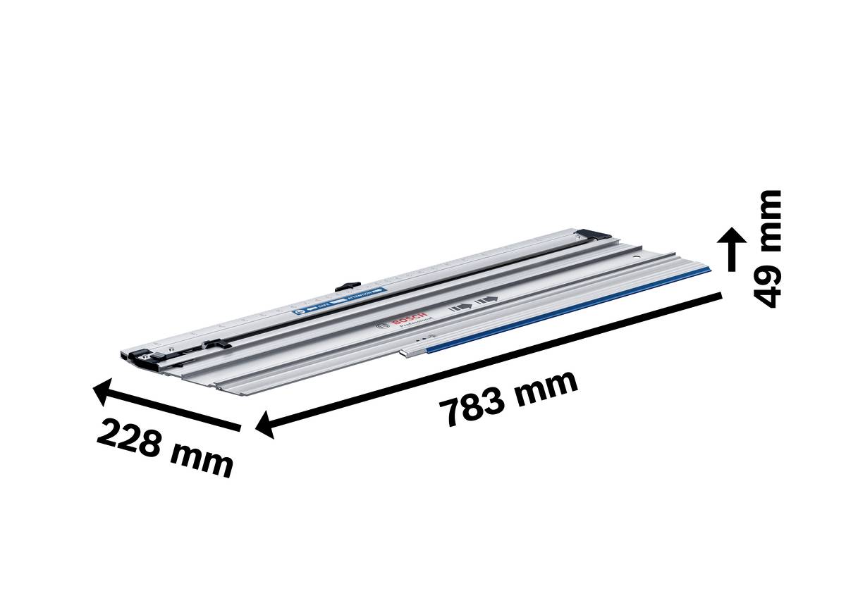 Egy Bosch-vezetősín modell hosszmetszete a következő méretekkel: hosszúság 783 mm, szélesség 228 mm, magasság 49 mm.