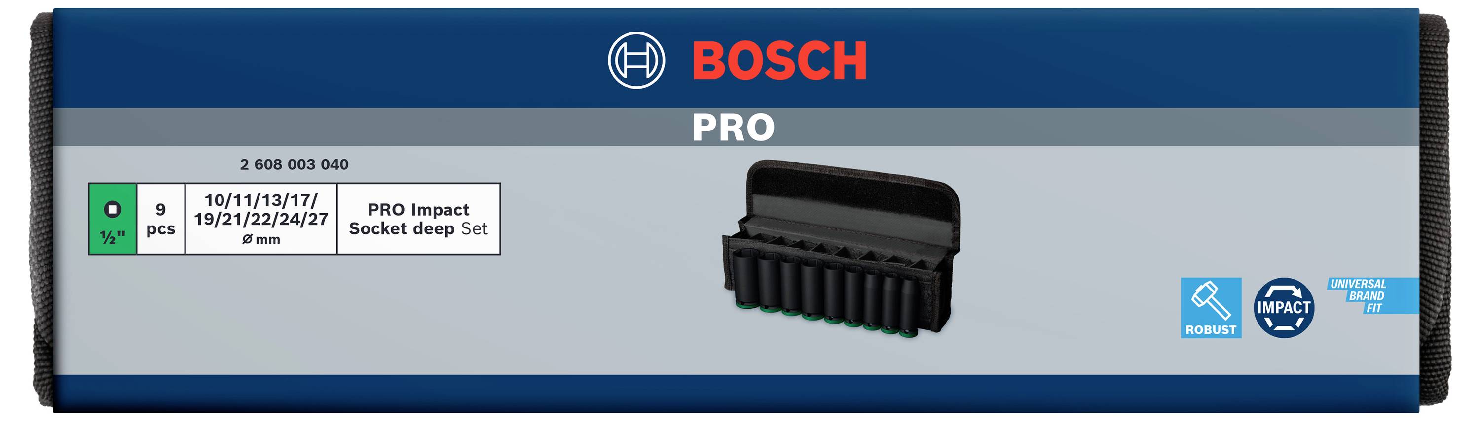 'Bosch PRO' szerszámkészlet-csomagolás, PRO Impact dugókulcs-készletet mutat fekete tartóban. 8-27 mm-es dugókulcsokat tartalmaz.