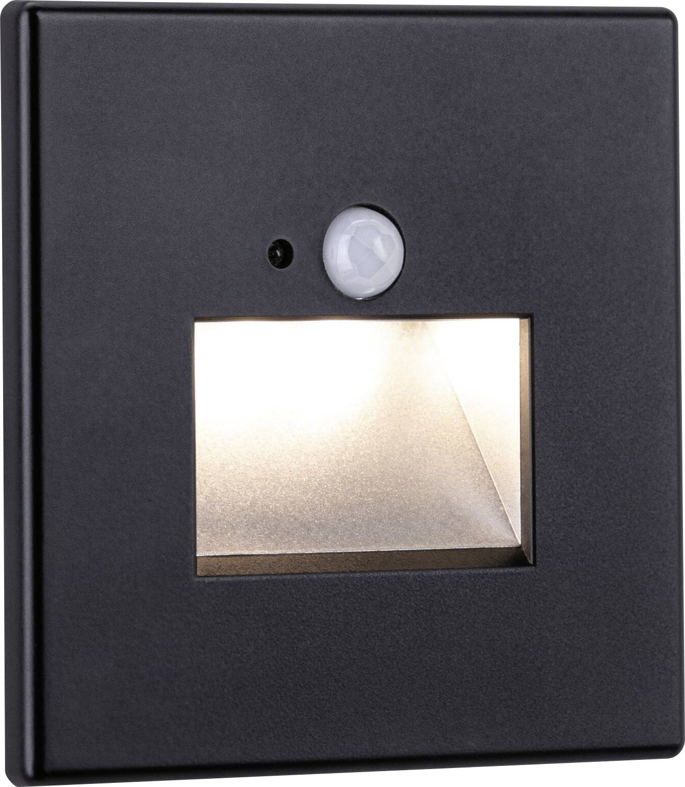 Fekete, falba épített spotlámpa integrált mozgásérzékelővel és téglalap alakú fénynyílással, alkalmas lépcső- vagy padlóvilágításhoz.