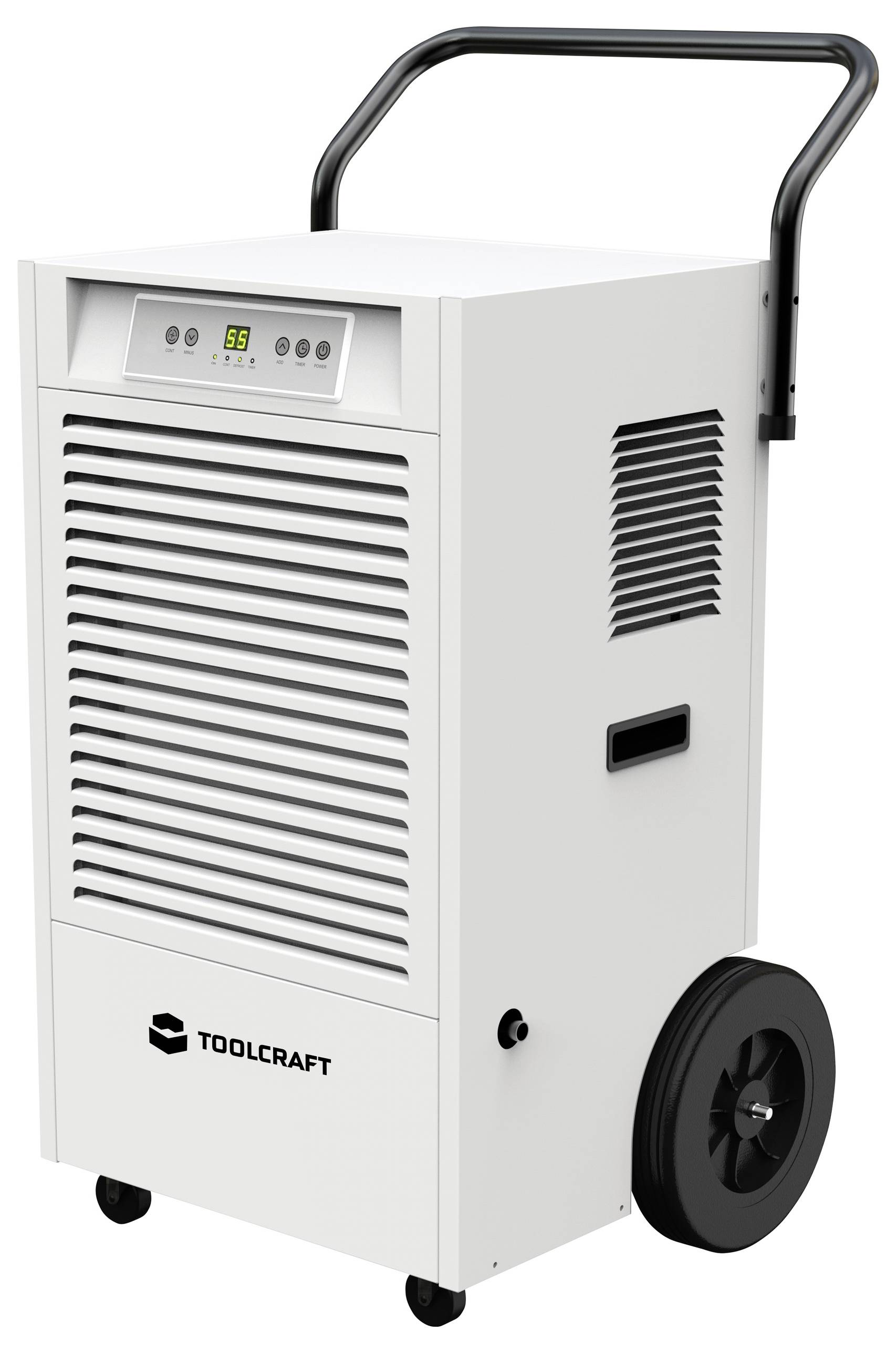 Egy Toolcraft márkájú mobil páramentesítő digitális kijelzővel és kerekekkel a könnyű szállíthatóság érdekében. Ideális a páratartalom szabályozásához.