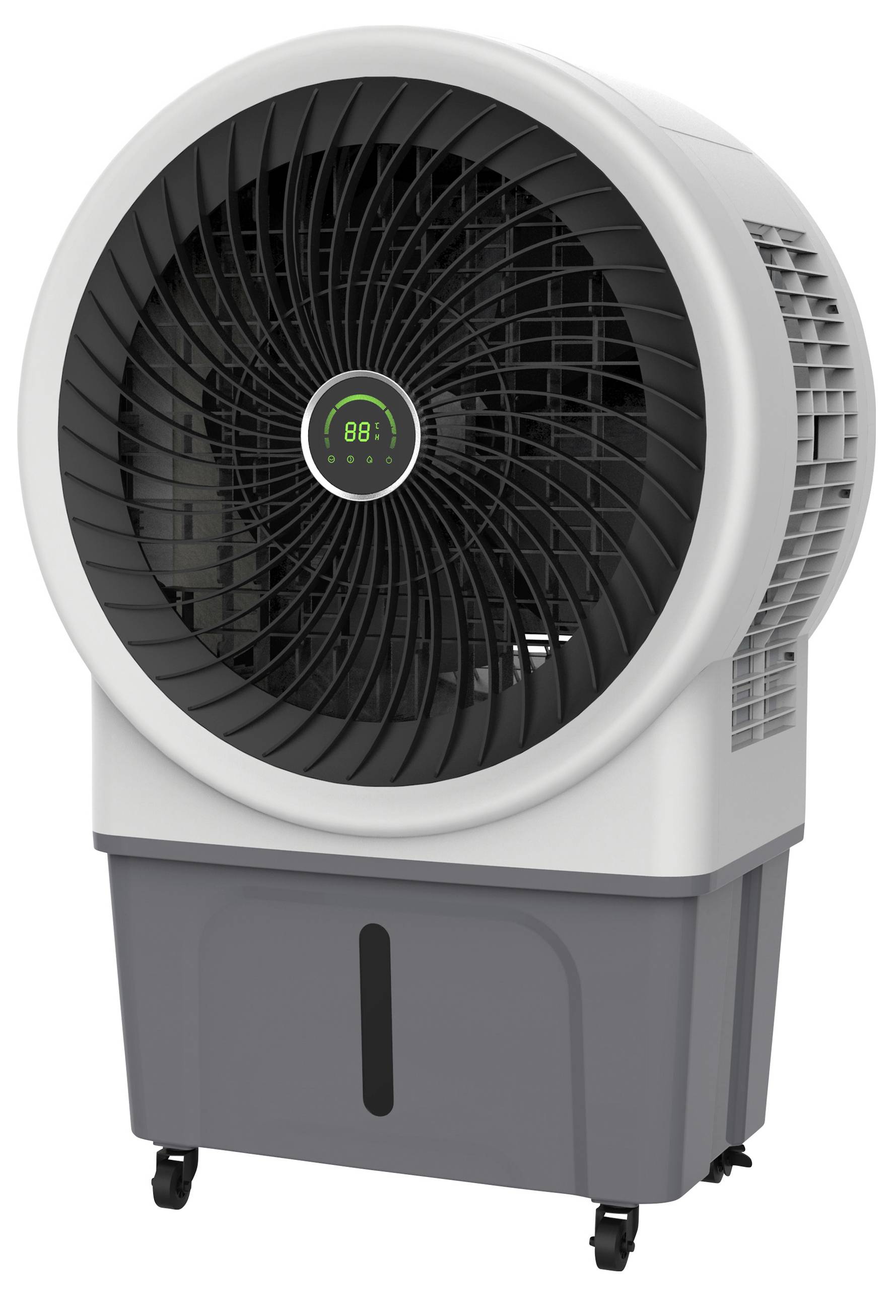 Egy nagy, kerek ventilátor szürke házzal és kijelzővel, amely egy négyszögletes, szürke talapzatra van szerelve kerekekkel.