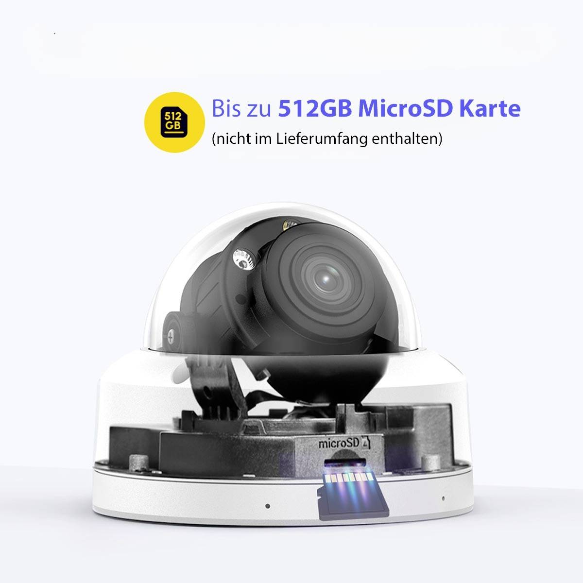 Kupolakamera microSD-kártya foglalattal, támogatja akár 512 GB-os microSD-kártyák használatát. Megjegyzés: a microSD-kártya nem része a szállítási csomagnak.