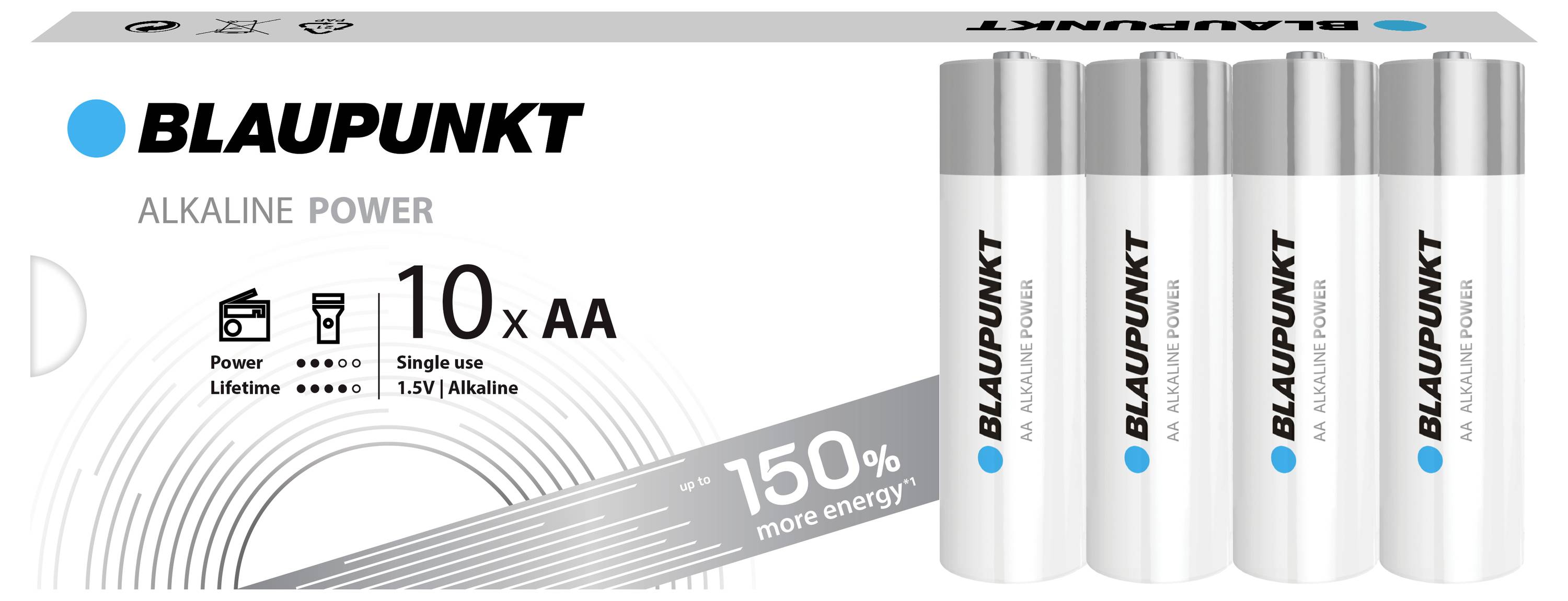 'Blaupunkt Alkaline Power' elemcsomag 10 db AA elemmel, 1,5V. Ígéri a '150%-kal több energiát'.