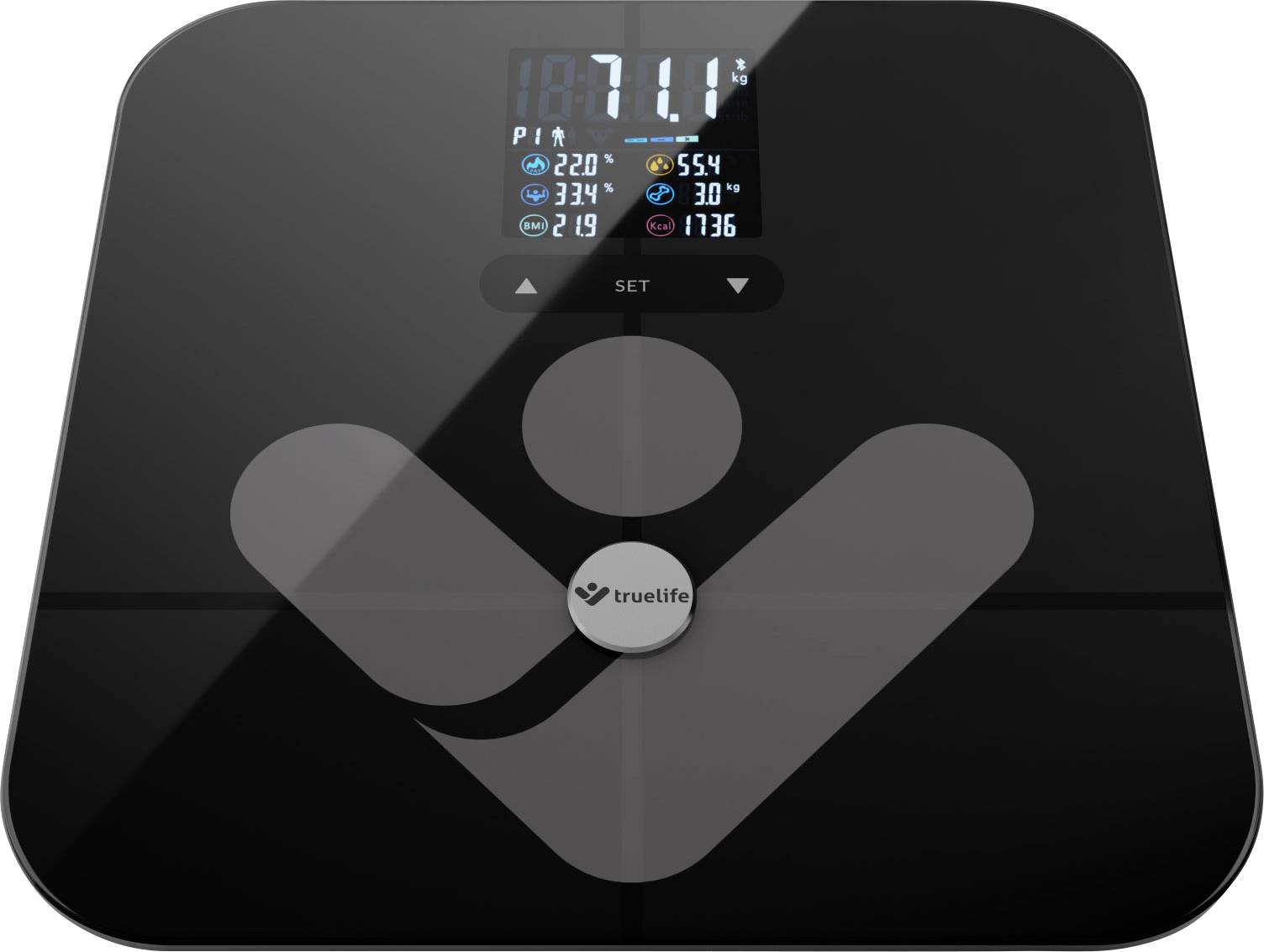 truelife FitScale W7 BT Személymérleg digitális Mérési tartomány (max.)=180 kg Fekete Bluetooth-szal
