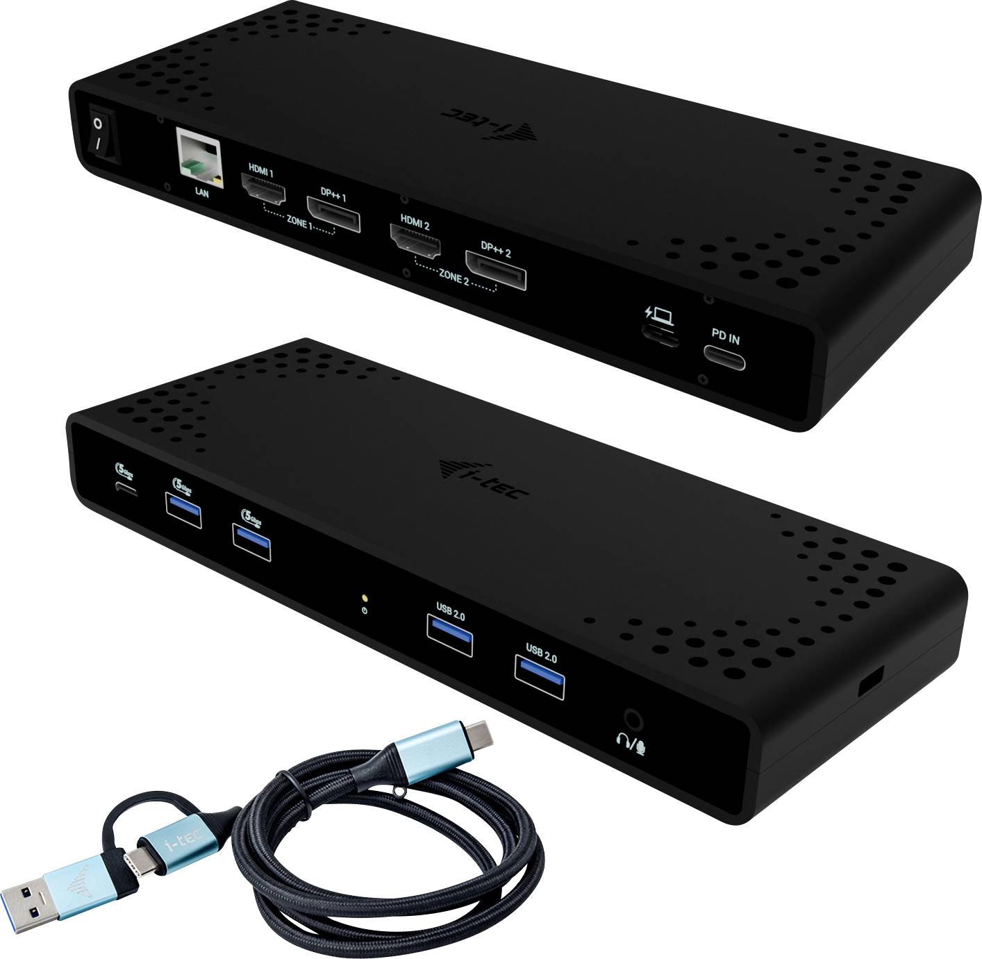 Két fekete USB-elosztó több USB-csatlakozóval és egy Ethernet-porttal; előttük egy USB-C kábel fekszik.