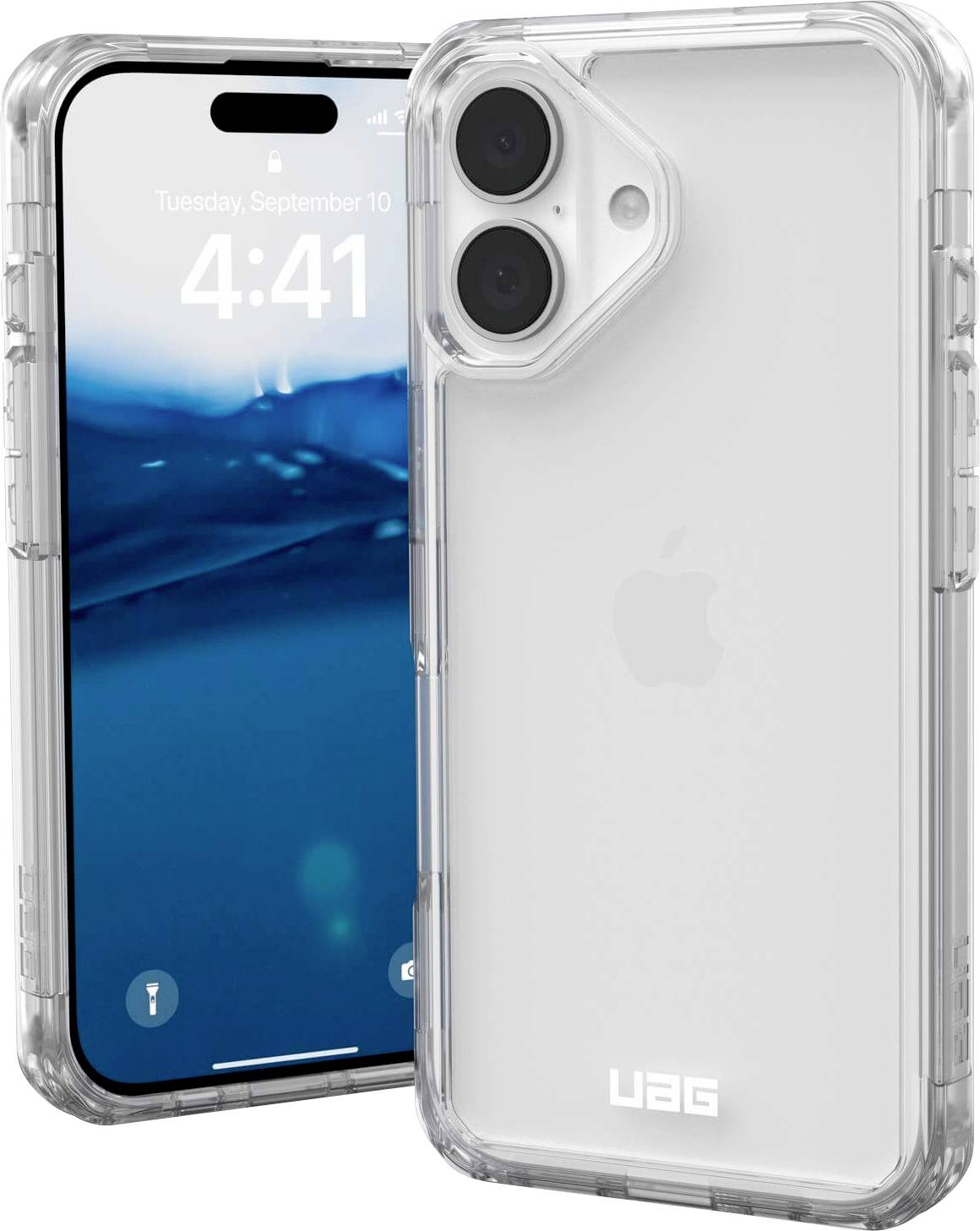 Átlátszó okostelefon védőtok dupla kamera kivágással, kijelzőn a(z) '4:41' idővel és a 'Kedd, szeptember 10.' dátummal.