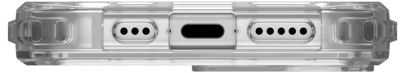 Egy átlátszó mobiltelefon tok precízen kialakított nyílásokkal a csatlakozók és hangszórók számára, amely védelmet nyújt és láthatóan elegáns dizájnt kölcsönöz.