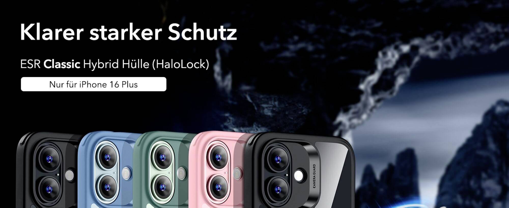 Éles kép az 'ESR Classic Hybrid Tok'-ról különböző színekben hegyi táj előtt. Szöveg: 'Világos, erős védelem'.