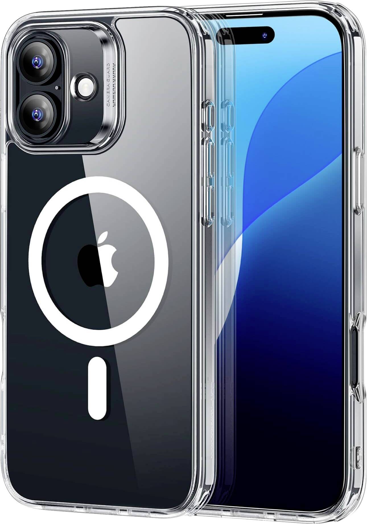 Okostelefon átlátszó védőtokkal, amelynek hátoldalán egy köralakú grafika látható.