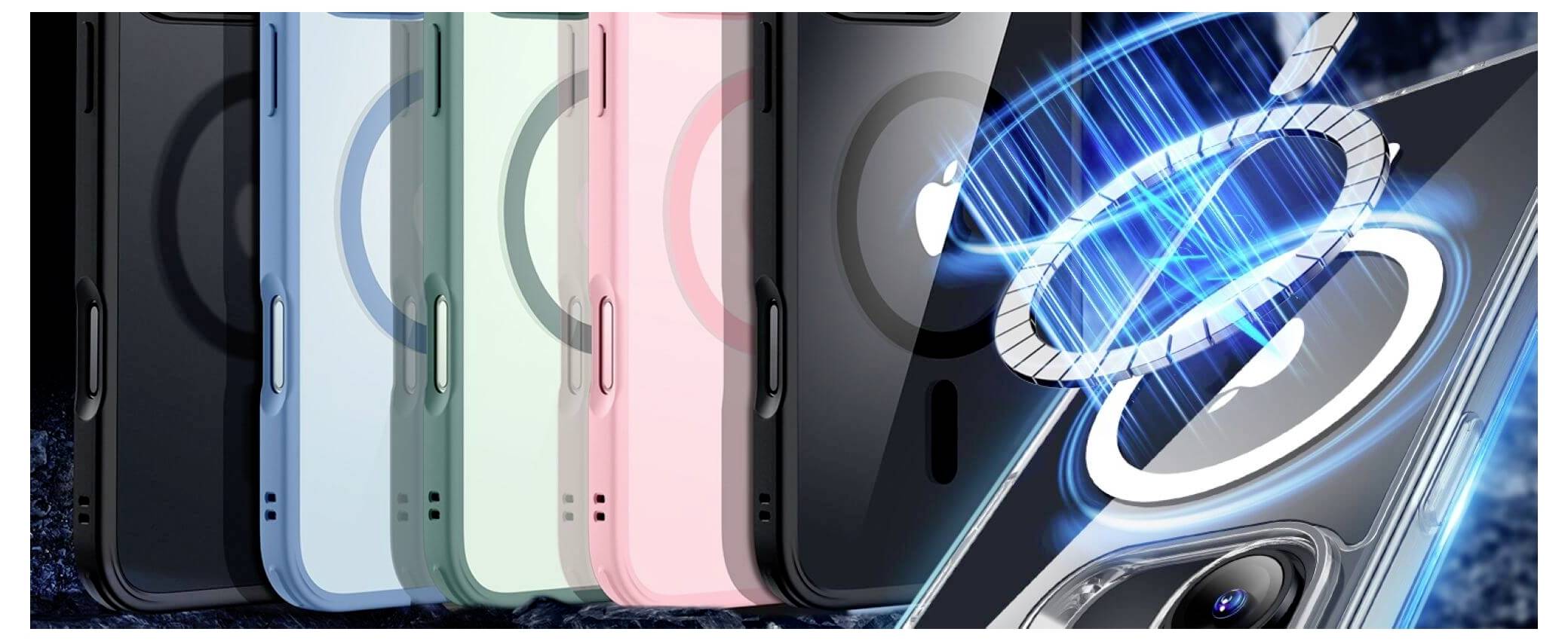 Öt színes okostelefon-tok körkörös mintázatokkal, amelyek egy innovatív technológiát vagy funkciót szimbolizálnak.