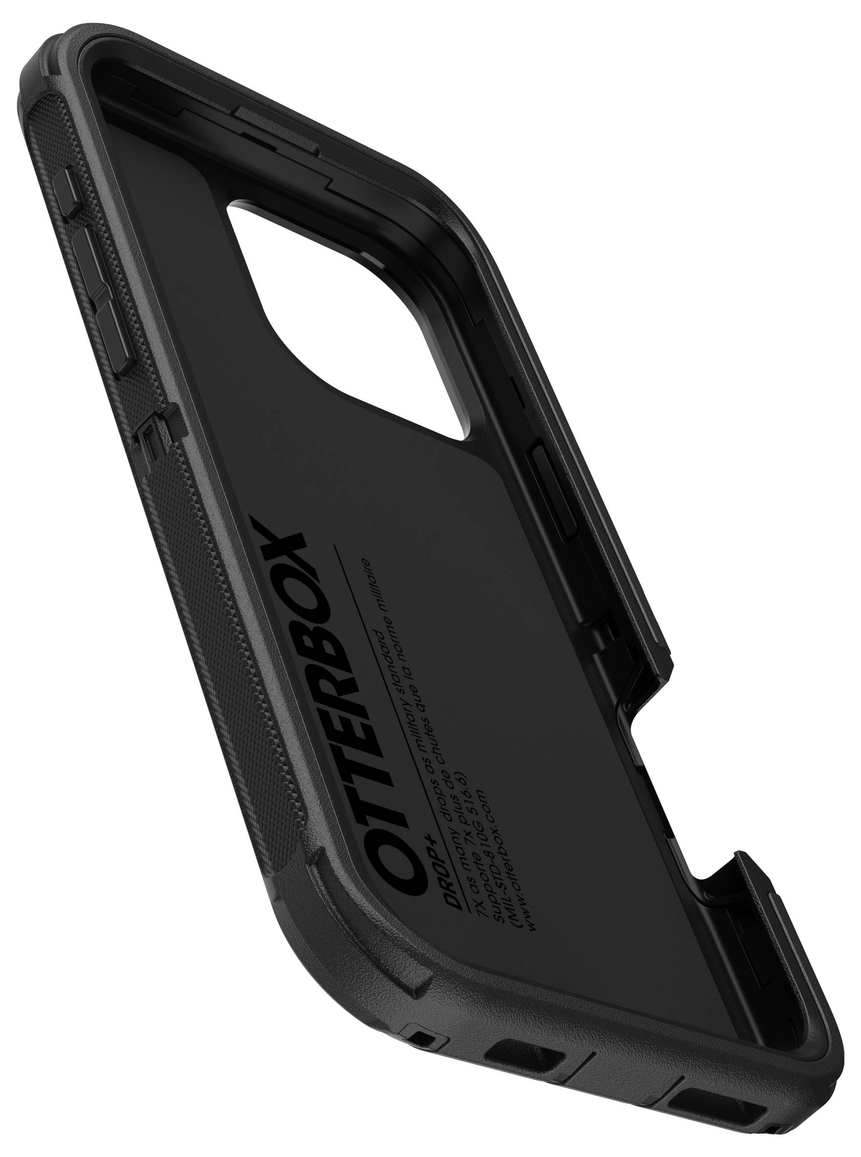 Fekete mobiltelefon-tok robusztus kivitelben, kissé függőlegesen elhelyezve, belül látható 'OtterBox' márkajelzéssel.