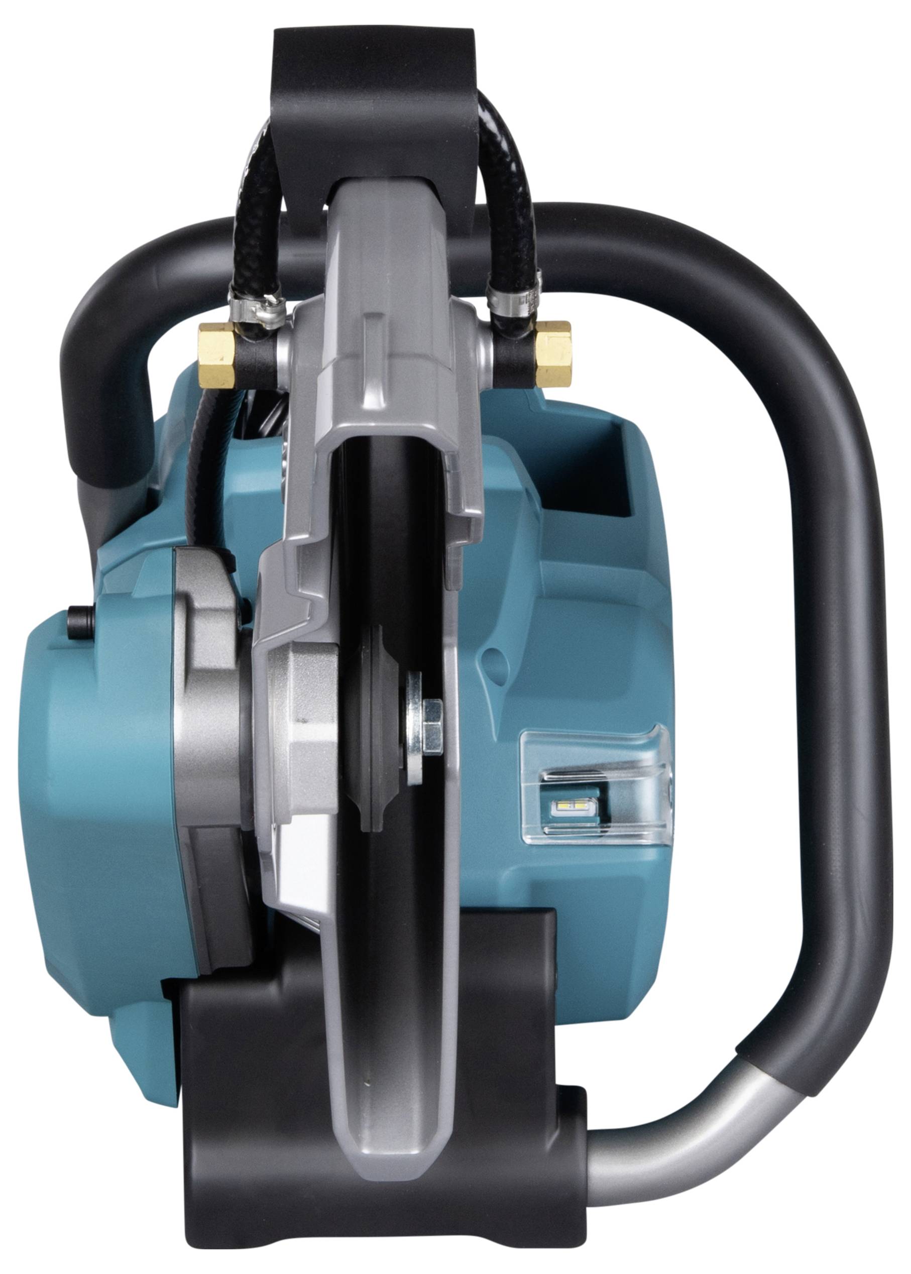 Egy kék, hordozható, akkumulátoros körfűrész robusztus fogantyúval, felülről lefotózva, hogy bemutassa kompakt kialakítását.