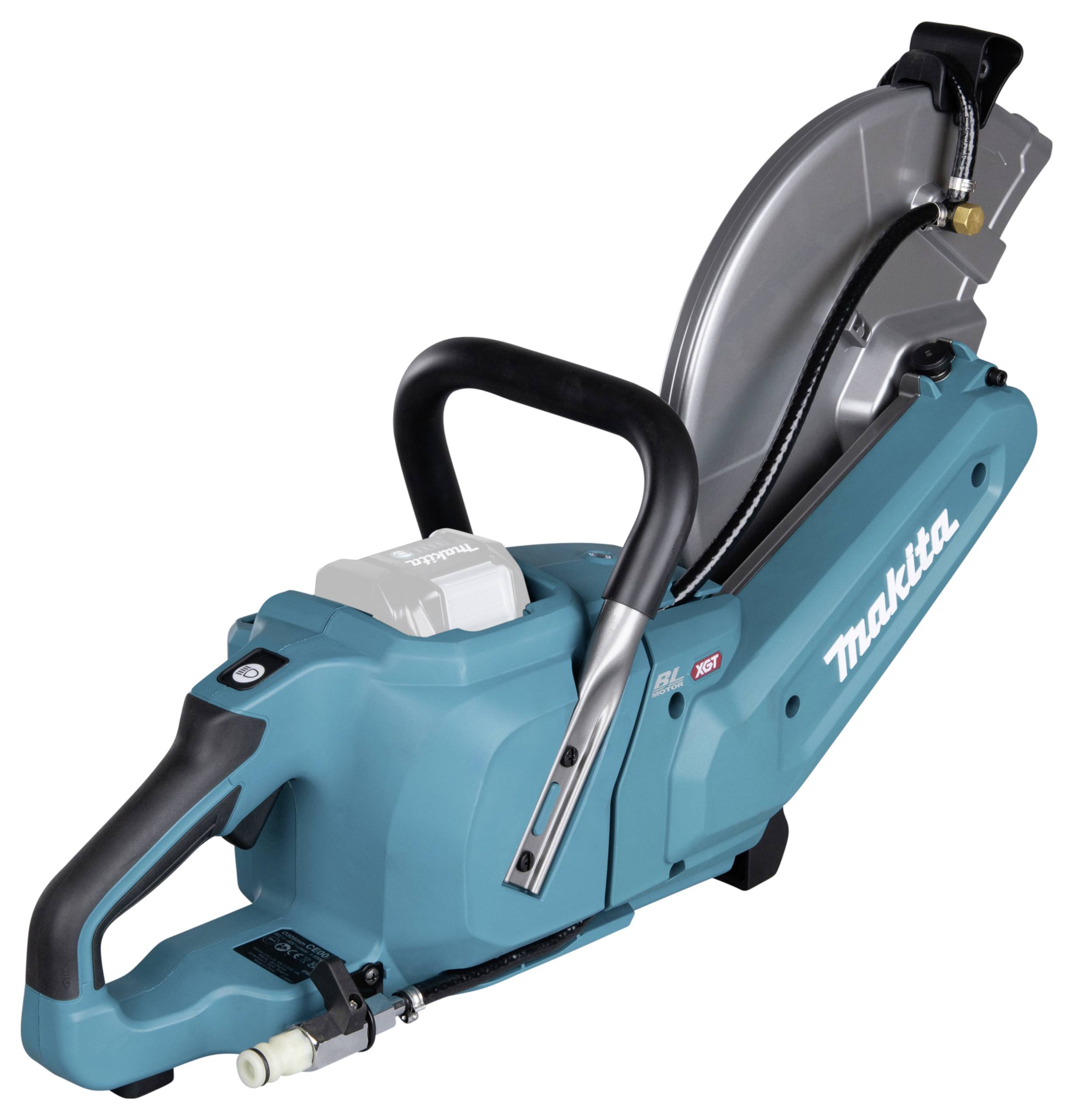 Kék, akkumulátoros vágógép Makita márkától, fekete markolattal és ezüst védőburkolattal. Alkalmas építőipari munkálatokhoz.