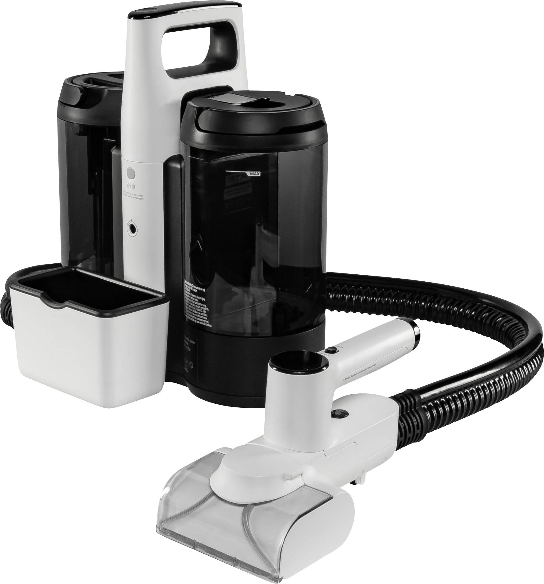 Egy fehér és fekete porszívó levehető tartállyal és tömlővel. Alkalmas nedves és száraz takarításra.