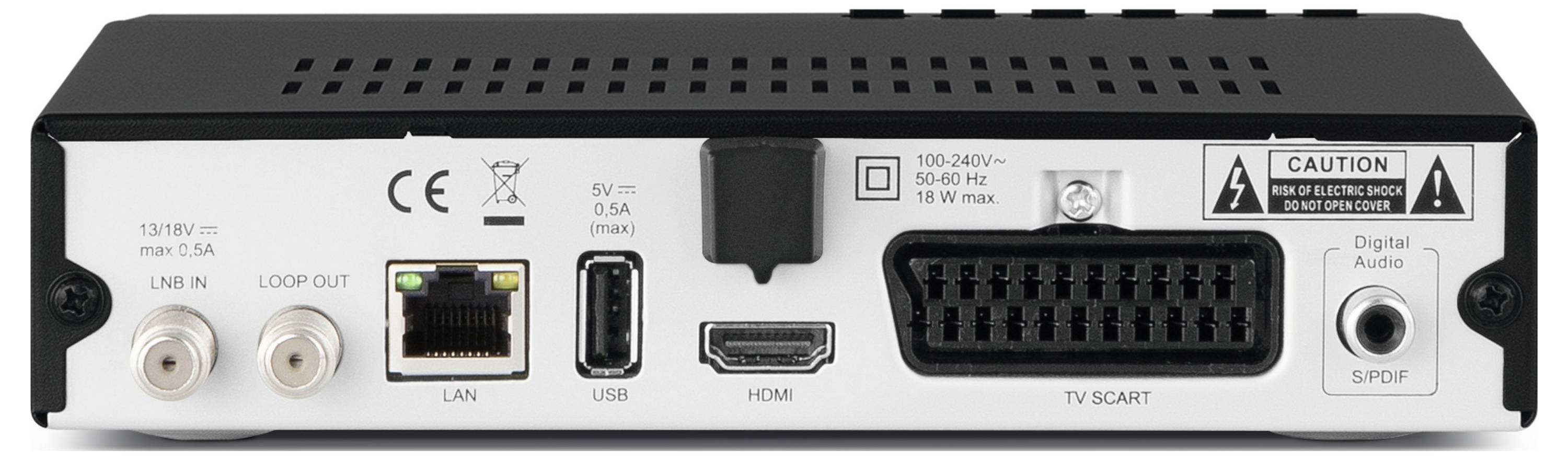 Egy multimédiás eszköz hátoldala LAN-csatlakozóval, USB-vel, HDMI-vel, SCART-tal és digitális audio kimenetekkel.