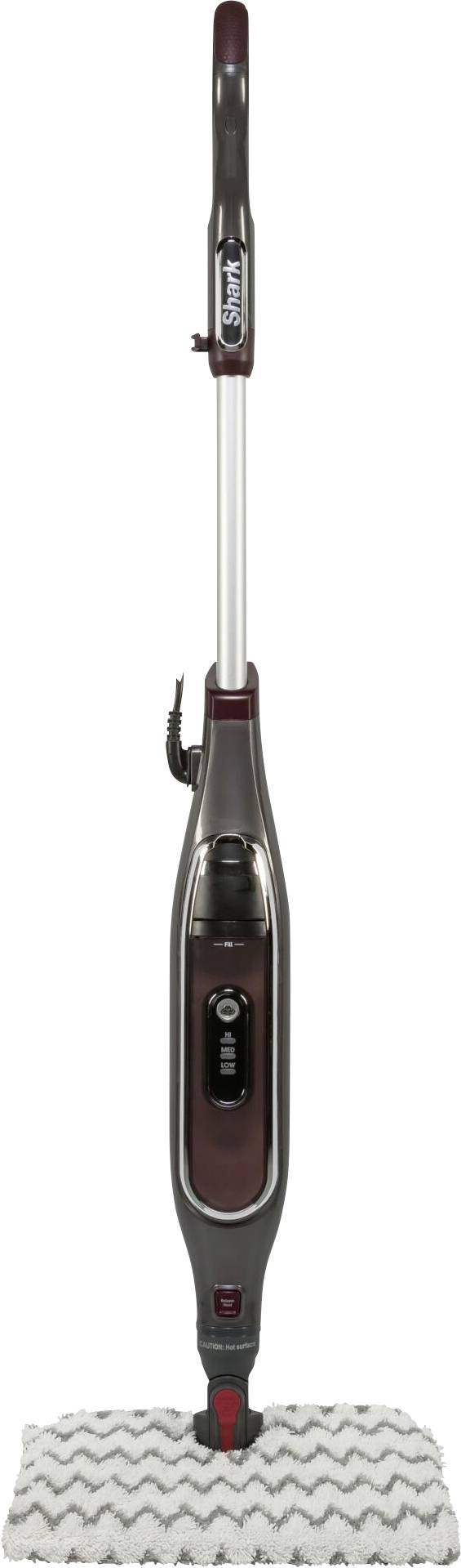 Egy elektromos gőztisztító négyszögletes fejjel és szürke dizájnnal. Alkalmas kemény padlófelületek tisztítására.