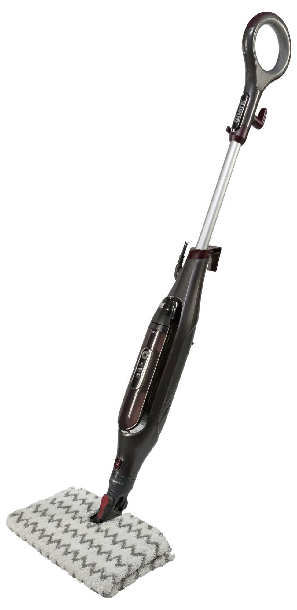 Egy egyenes álló gőztisztító, ergonomikus fogantyúval, fekete színben, négyszögletes mikroszálas párnával. Alkalmas padlótisztításra.