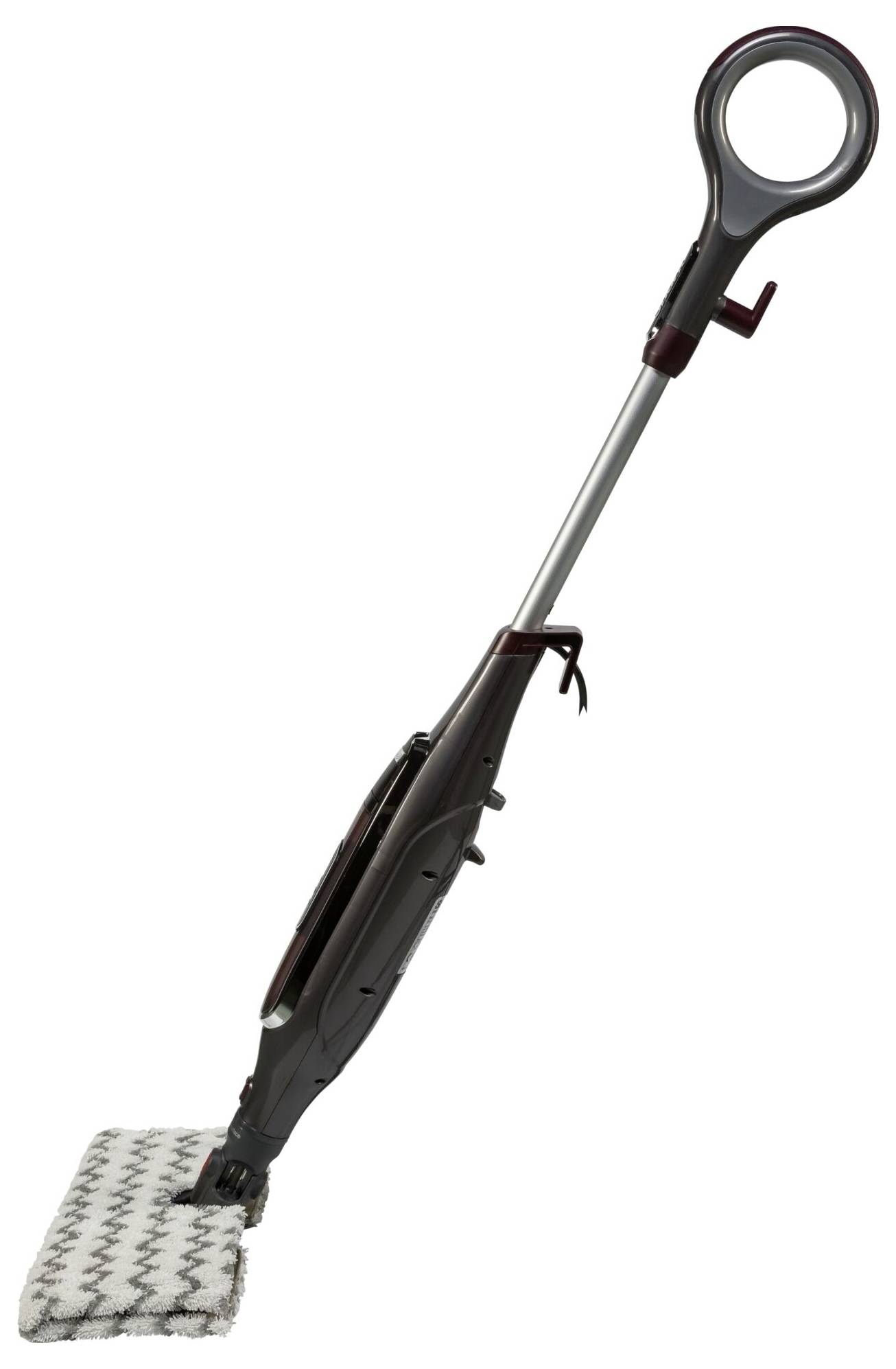 Gőztisztító hosszú nyéllel és téglalap alakú fejjel, amelyet takarítási pozícióban mutatnak a padlón.