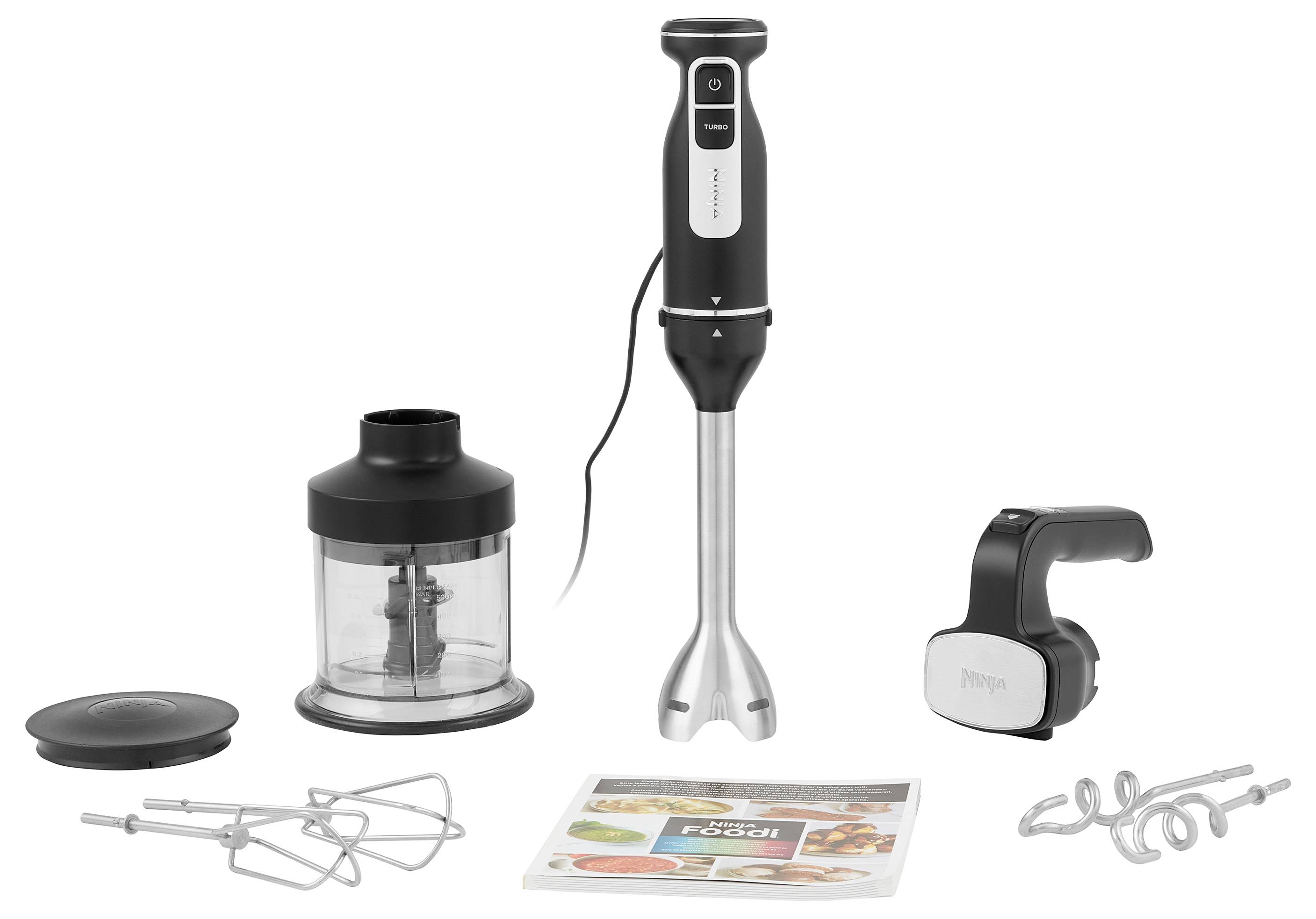 Fekete-ezüst kézi mixer tartozékokkal: aprítófeltét, habverő, dagasztóhorog és receptkönyv. Alkalmas különféle konyhai ételek elkészítéséhez.