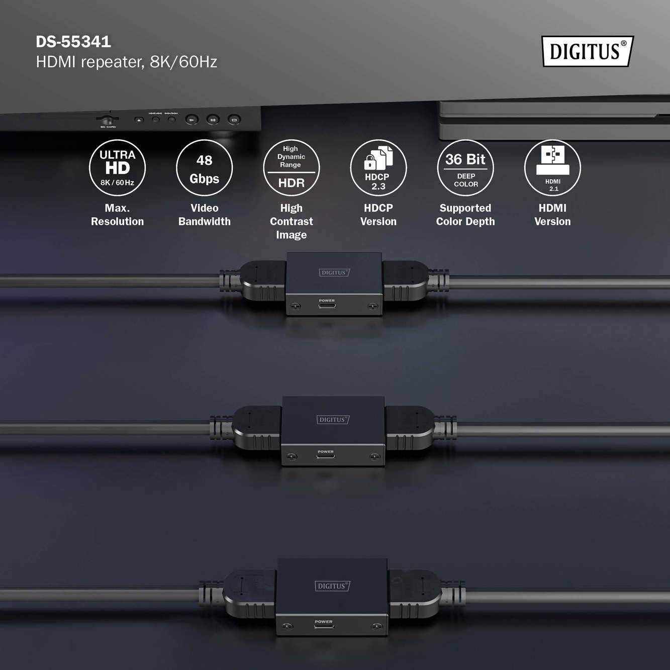 A Digitus DS-55341 HDMI-Repeater támogatja a 8K/60Hz, Ultra HD, 48 Gbps, High Dynamic Range, HDCP 2.3 és 36 bites színmélységet.