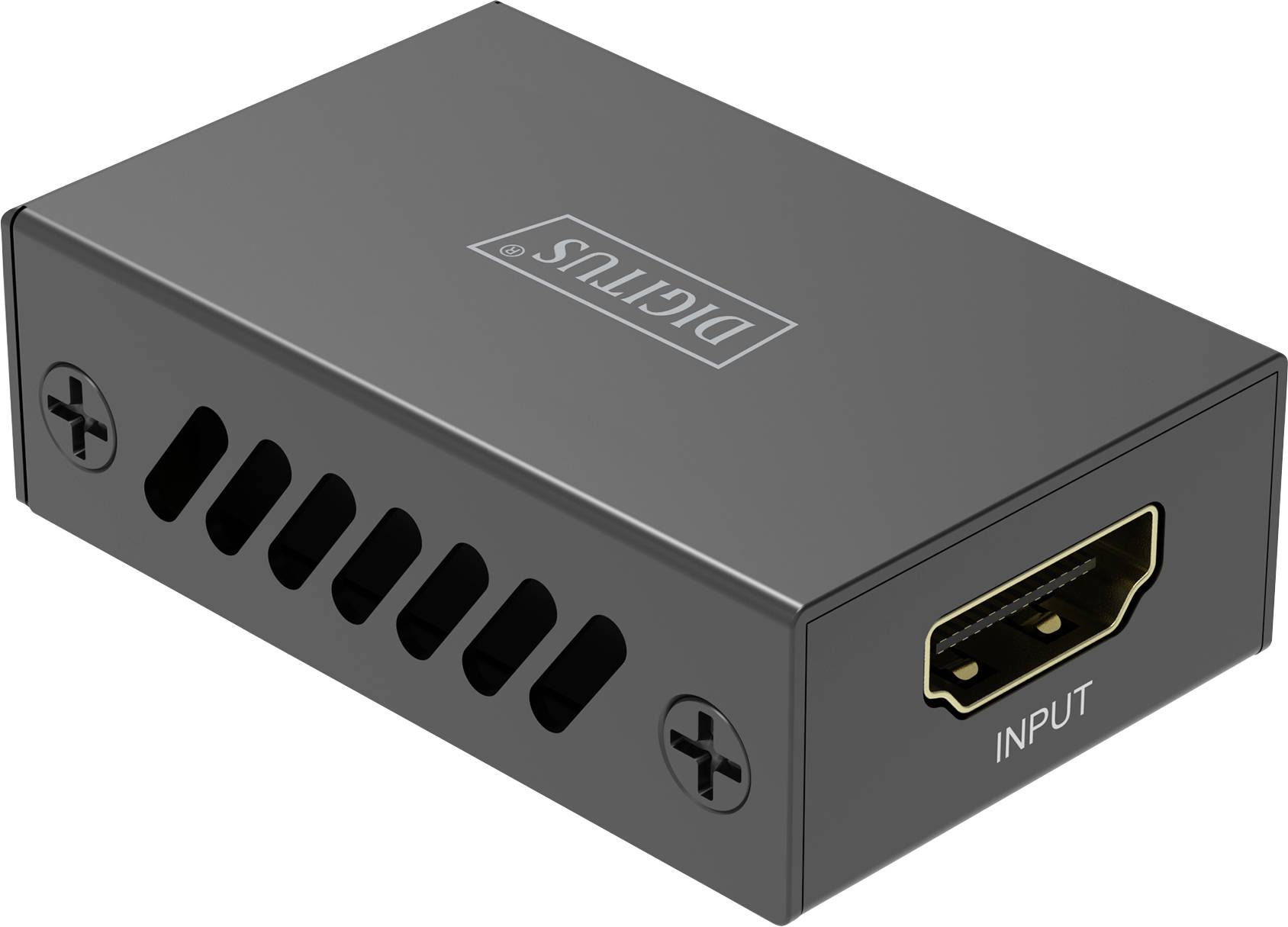 Egy kisméretű fekete adapter HDMI-bemeneti csatlakozóval, oldalsó szellőzőnyílásokkal és a tetején lévő 'DIGITUS' felirattal.
