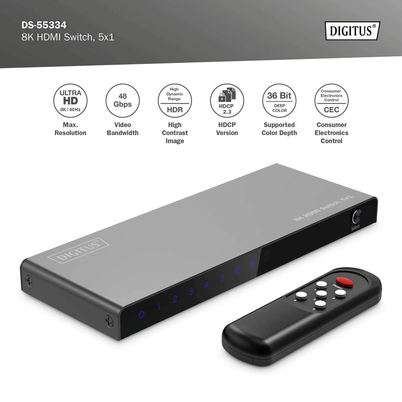 Egy 8K HDMI kapcsoló a Digitus-tól, DS-55334 modell, 5 bemenettel UHD-hoz, 40 Gbps, HDR, HDCP 2.3 támogatással és távirányítóval.