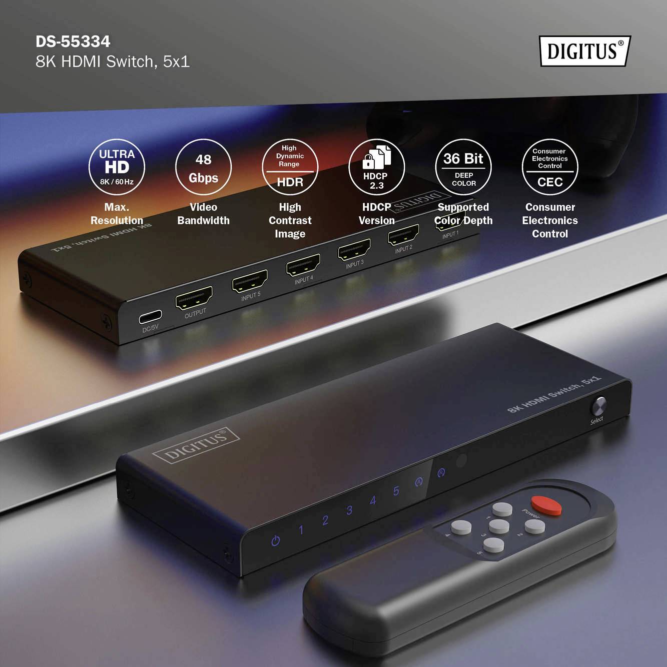 Egy 8K HDMI-elosztó 5 bemenettel, DS-55334 modell, 48 Gbit/s átviteli sebességgel, HDR támogatással, HDCP 2.3 szabvánnyal, 36 bites Deep Color funkcióval és CEC-vezérléssel, mellette egy távirányítóval.