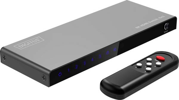 Digitus DS-55334 1+5 port HDMI switch LED-es kijelző, Távirányítóval, Ultra HD-re alkalmas, Fém ház, Külön kapcsolható, Státusz LED-del 7680 x 4320 pixel