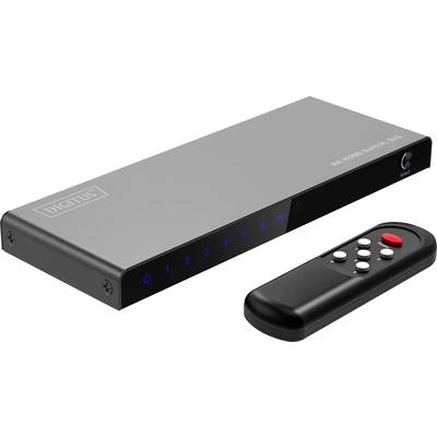Nyolc bemenetes, szürke-fekete HDMI-elosztó kék LED-jelzéssel, fekete távirányítóval, fehér és piros gombokkal.