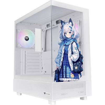 Fehér számítógépház üvegoldallal és színes LED-világítással. Az üvegoldalon egy anime-karakter látható kék ruhában.