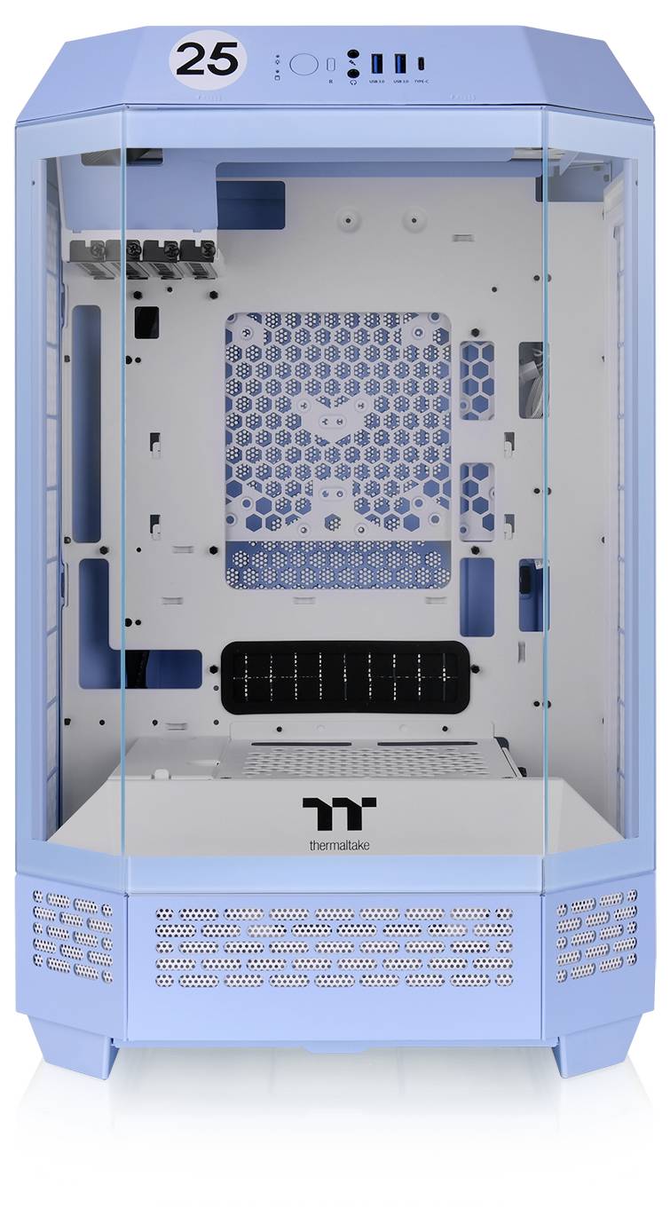 Kék Thermaltake számítógépház. Üveg előlappal, helyet biztosít hardver komponensek számára.